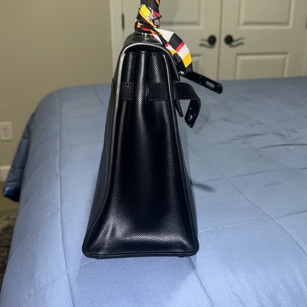 Black Structured Handbag with Colorful Scarf Accents - Picture 8 of 13